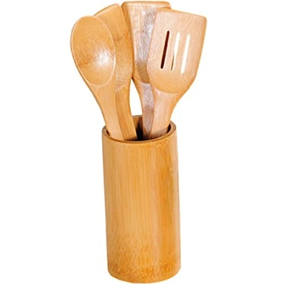Afbeelding van FSC® Bamboe 5 delige Houten Keukenset Keukengerei inclusief Vierkante Houder Spatel Pollepel etc. Afm. 11 x 18 Cm