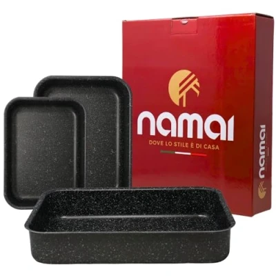 Afbeelding van NAMAI Set van 3 rechthoekige ovenplaten Lasagnera met antiaanbaklaag Vaatwasmachinebestendig Aluminium Kookplaten Design steenlook (set 2)