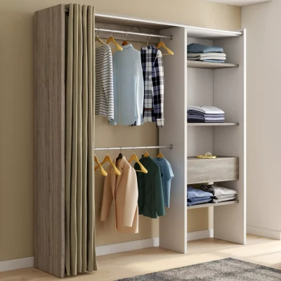 Afbeelding van Dressing extensible blanc et bois MARTY 120/170 x 50 180 cm avec rideau + double penderie étagères