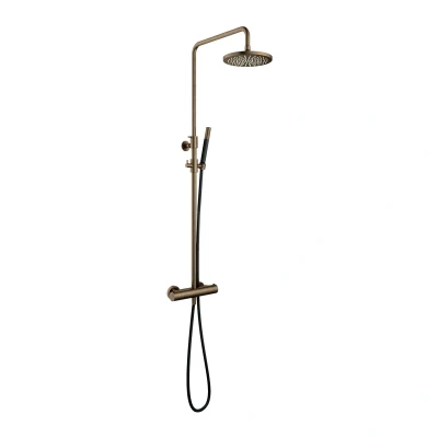Afbeelding van HotBath Cobber thermostatische regendoucheset met 20cm ronde hoofddouche staafhanddouche messing verouderd