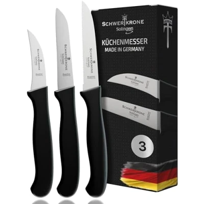 Afbeelding van Schwertkrone Solingen Premium groentemessenset, 3 delig, keukenmessen met recht, gebogen en gekarteld lemmet, vaatwasmachinebestendig