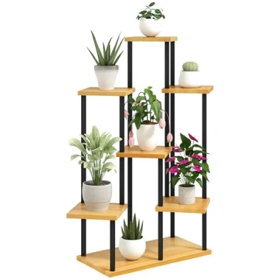 Afbeelding van Outsunny Plantenstandaard met 7 niveaus voor binnen en buiten, plantenrek van staal hout, plantenhouder tuin, terras, balkon, woonkamer, natuurlijk hout