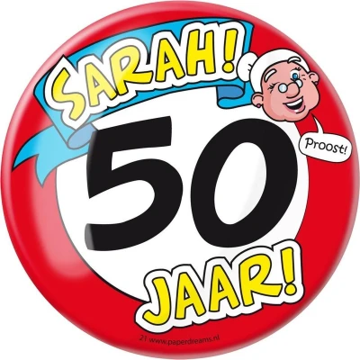 Afbeelding van Button XL 50 jaar Sarah Verkeersbord per stuk