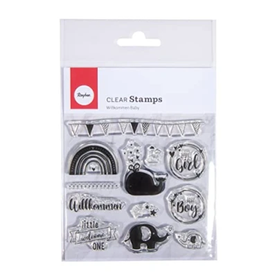 Afbeelding van Rayher Clear Stamps 50257000 siliconen stempel, transparant, 97 x 102,5 cm, 12 motieven, met opschrift &quot;Willkommen Baby&quot;