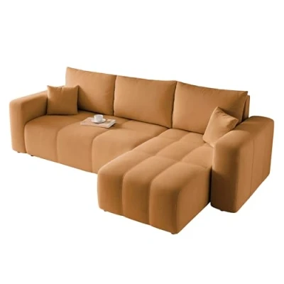 Afbeelding van GREKPOL Pedro Hoekbank met slaapfunctie en bedlade, 145 x 248 cm, 3 zits, slaapbank, mosterdgeel