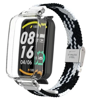 Afbeelding van Braided nylon bandje met case Zwart wit Xiaomi Smart band 7 Pro