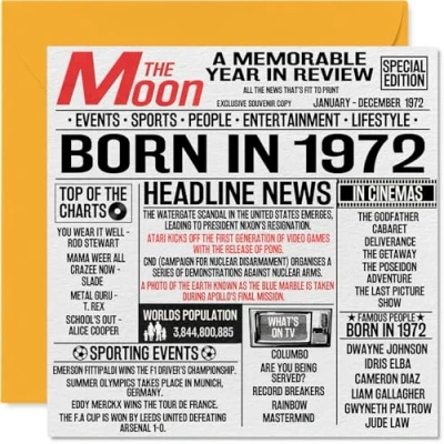 Image de Stuff4 Cartes de 52e anniversaire pour homme et femme Journal Born In 1972 Carte d&#039;anniversaire maman, papa, oncle, tante, vintage, rétro, Back 1972, 145 mm x mm, Fifty Two Second Bday