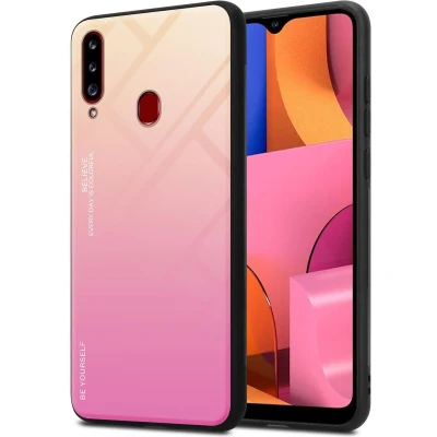 Afbeelding van Cadorabo Hoesje geschikt voor Samsung Galaxy A20s in GEEL ROZE Tweekleurige beschermhoes van TPU silicone Case Cover en achterzijde gehard glas