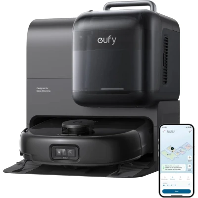 Afbeelding van eufy Robotstofzuiger Omni E28, draagbare dieptereiniger, HydroJet systeem, 20.000 Pa zuigkracht, DuoSpiral ontklittende borstels, CornerRover arm, alles in één station