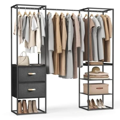 Afbeelding van SONGMICS Kledingrek, open kast, robuuste kapstok, 1 uittrekbare stang, 2 laden, 4 planken, voor slaapkamer, ruimtebesparend, ebbenhout zwart RGR003B56