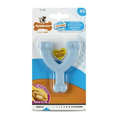 Afbeelding van Nylabone Puppy dental wishbone xs kip blauw 9 cm