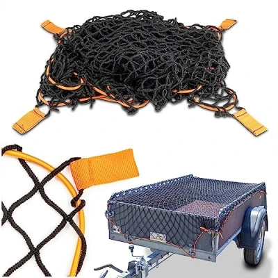 Afbeelding van CargoVA® Intelligent aanhangernet, rekbaar, 1 x 2 tot 3 m, elastisch hangernet, zwart met rubberen touw en hoekmarkering, voor de perfecte lading 1x2 2x3M