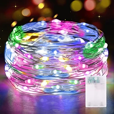 Afbeelding van Vacoulery led lichtsnoer, werkt op batterijen, 5 m, 50 leds, micro batterij, voor binnen en buiten, slaapkamer, Kerstmis, bruiloft, dennenboom, decoratie (1 stuk, kleurrijk)