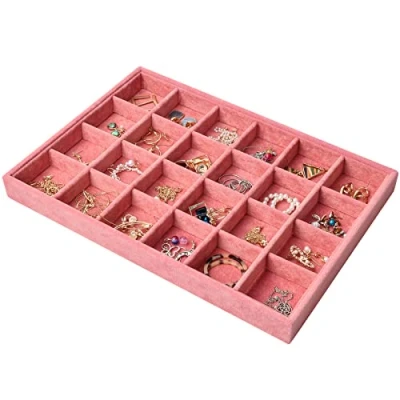 Afbeelding van 24 roosters dienblad sieraden fluweel voor laden, stapelbaar, opslag van sieraden, afneembaar, vitrine, ring, armband, oorbellen, halsketting, 35 x 3 cm (roze)
