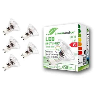 Afbeelding van 5 x greenandco® CRI 90+ 4000K 36 LED spot GU10 7 W komt overeen met 62 W, 450 lm, neutraal wit, SMD 230 V AC, glas, geen flikkeren, niet dimbaar