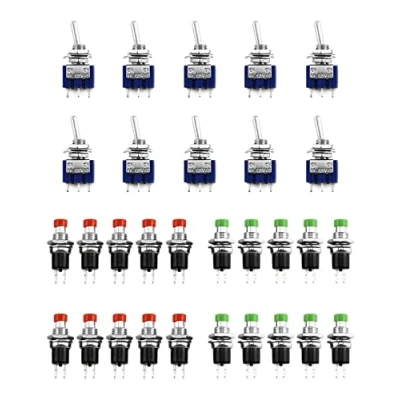 Afbeelding van QWORK Set van 30 mini schakelaars, 10 x tuimelschakelaar AC 125 V 6 A 3 polig 2 posities en 20 momentane drukknoppen 250 1