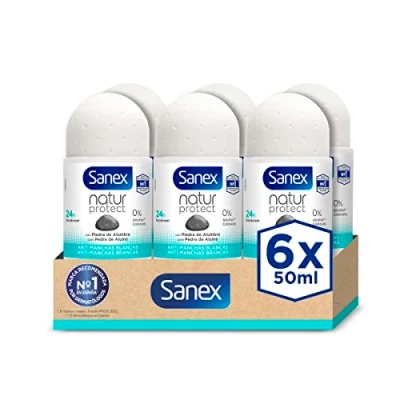 Afbeelding van Sanex Natur Protect Roll On Deodorant, 6 stuks, 50 ml, 24 uur bescherming tegen slechte geurtjes, met liefdessteen, 0% alcohol, zonder allergenen en kleurstoffen, anti transpirant, vlekbestendig