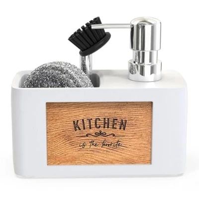 Afbeelding van CHILL HOUSE zeepdispenser voor keuken, wit, zeepdispenser, keukenzeepdispenser, gootsteenorganizer, keukenaccessoires, zeepbakje, keuken