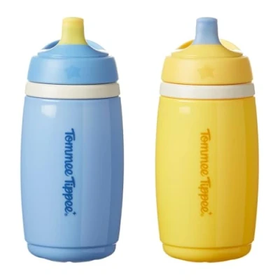 Afbeelding van Tommee Tippee Lot de 2 gobelets isothermes à bec actif, 266 ml, bouteille d&#039;eau anti déversement pour les tout petits 12 mois et plus, isolée aider garder leurs boissons fraîches, bleu