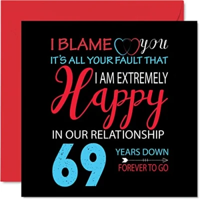 Afbeelding van Grappige 69e huwelijksverjaardag kaart voor echtgenoot vrouw Your Fault I&#039;m Extremely Happy Wenskaart partner, 145 mm x negenenzestig