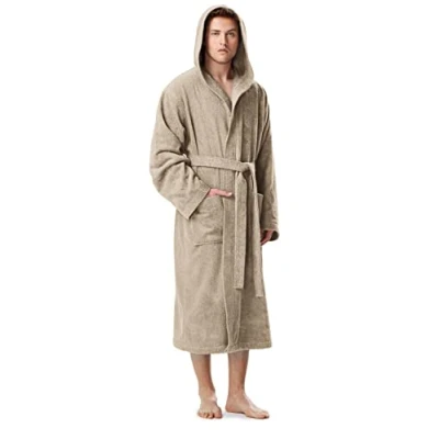 Afbeelding van Arus Pacific Badjas voor heren met capuchon, kuitlengte of enkellengte, badstof, 100% katoen, Oeko Tex gecertificeerd, Beige