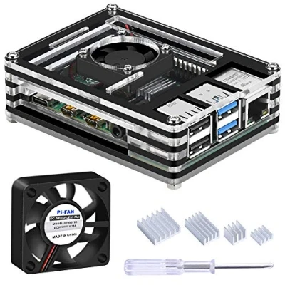 Image de GeeekPi Acrylic Boîtier pour Raspberry Pi 4 Model B, 4B avec Ventilateur et 4pcs Dissipateurs B (pour Uniquement) (Noir Transparent)