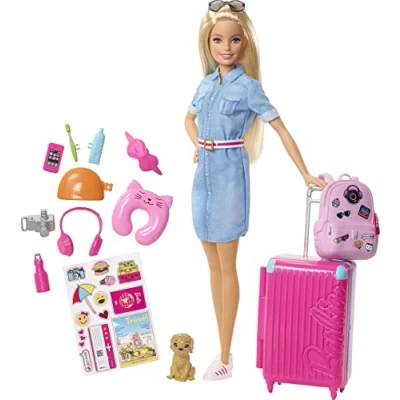 Afbeelding van Barbie reis set met pop en hond, koffer, transportbox, outfit sticker, meer dan 10 accessoires, cadeau vanaf 3 jaar, FWV25