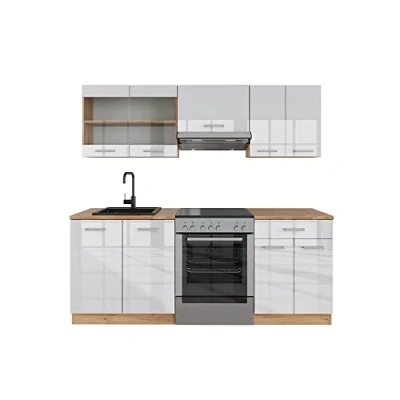 Afbeelding van Vicco keuken &quot;R Line&quot;, Helder wit/gouden eiken, 200 cm zonder werkblad