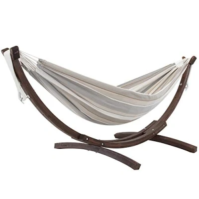 Afbeelding van Vivere Double Sunbrella Hangmat met Massief Houten Standaard Dove