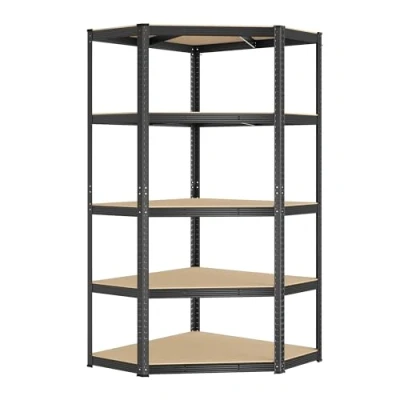 Afbeelding van SONGMICS Hoekplanken met 5 niveaus, opbergrekken van staal, zware belasting, garage, magazijn, draagvermogen 875 kg, inktzwart en natuurbeige GLR080B01