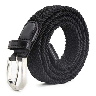 Afbeelding van AnJuHoPa Elastische riem voor kinderen, jongens en meisjes, van kleurrijke stof, breedte 2,5 cm, lengte 80 met metalen gesp, zwart.