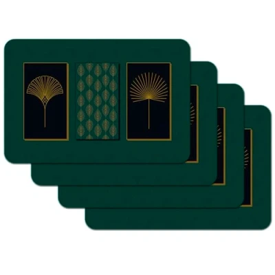 Afbeelding van Venilia Set van 4 placemats Arco, donkergroen, gouden bladeren, korenbloem, palm, 45 cm x 30 cm, wasbaar, tafelbeschermer, vlek en waterbestendig, geschikt voor levensmiddelen