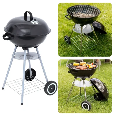 Afbeelding van Cheqo® Kogelbarbecue op Wielen Barbecue BBQ Kogelgrill Houtskoolbarbecue 46cm Diameter 78cm Hoogte 70cm Kookhoogte Gepoedercoat Verrijdbaar Met Voorraadrek Handgreep Zwart