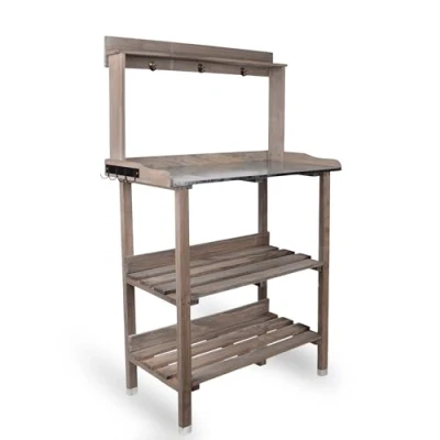 Afbeelding van UNUS Planttafel van hout met zinkplaat, tuintafel 3 etages, tuinmeubelen, grijs, 76 x 38 91 cm