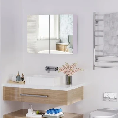 Afbeelding van HOMCOM badkamerspiegelkast wandkast dubbele deuren en planken dim. 80 x 15 60 cm MDF wit