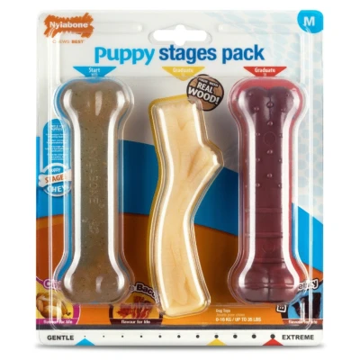 Afbeelding van Nylabone Puppy Stages Pack Hondenspeelgoed Kip Bacon Rund Medium