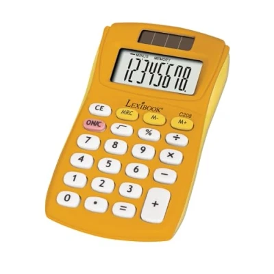 Afbeelding van Lexibook, FRUITIES® zakrekenmachine, 8 cijferig, 4 handelingen, basis en geavanceerde functies, zonne energie werkt op batterijen, geel, C208D