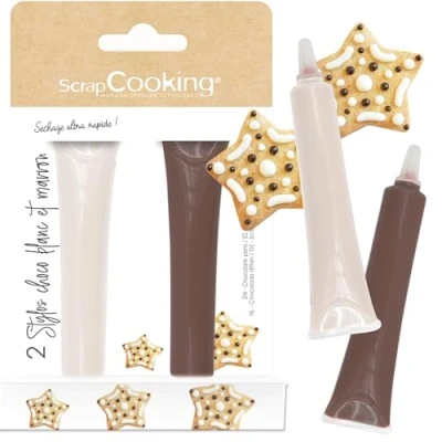 Image de SCRAP COOKING 2 Stylos Choco Marron et Blanc Crayons Alimentaires Pâtisserie Colorants Décoratifs Comestibles Écrire &amp; Dessiner sur Desserts, Gâteaux Biscuits Noël 7061