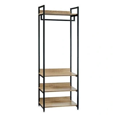 Afbeelding van WOLTU Kledingrek met een roede en 4 opbergplanken van hout staal, open kledingkast voor woonkamer, slaapkamer SR0130hei, licht eiken zwart