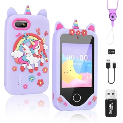 Afbeelding van Weinsamkeit Pretend Smartphone voor kinderen, camera met 32 GB SD kaart, speelgoed vanaf 3 tot 4 jaar, rollenspelspeelgoed, eenhoorn cadeau jongens en meisjes van 9 jaar