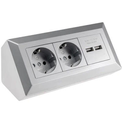 Afbeelding van ChiliTec 2 voudige hoekstekkerdoos met geaard contact, x USB A 3,1 poorten, montage in keuken, kantoor, werkplaats, zilvergrijs