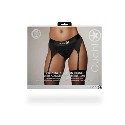 Afbeelding van Shots Ouch! OU829BLKML1 Vibrating Strap on Thong, Adjustable Garters Black M/L