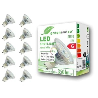 Afbeelding van 10x greenandco® CRI90+ 4000K 110 LED spot vervangt 41 Watt GU10 halogeenspot, 5W 350 lumen neutraal wit 230V AC, flikkervrij, niet dimbaar