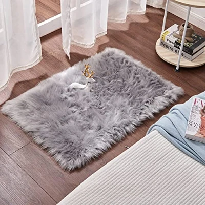 Afbeelding van Cumay Schapenvacht / imitatie tapijt van fleece, tapijt, decoratie, handgemaakt, luxueus, wol, bankkussen, versier je woonkamer en kamer (grijs, 60 x 90 cm)