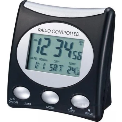 Afbeelding van WT 221 zwart / zilver klassieke radiogestuurde wekker met datum en temperatuurweergave
