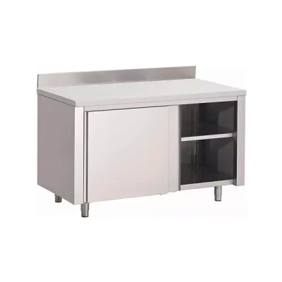 Afbeelding van Gastro M RVS werktafel met schuifdeuren en achteropstand 88x100x70cm