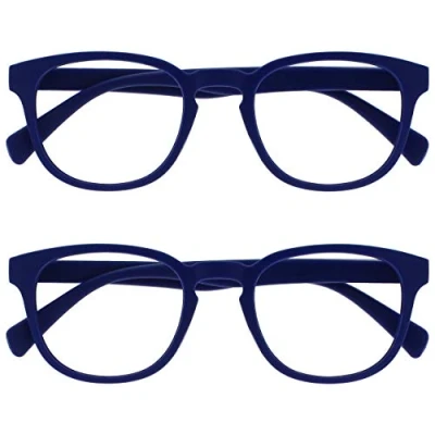 Afbeelding van OPULIZE Pop Pack 2 Retro Ronde Glad Blauw Mat Mannen Vrouwen Leesbril Lente Scharnieren RR2 3 +2,50