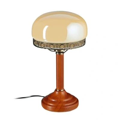 Afbeelding van Relaxdays 10016611 Ronde tafellamp met houten voet, antiek messing, nostalgische stijl, art nouveaustijl, beige,