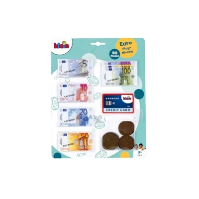 Afbeelding van Klein Toys euro speelgeld 11 munten van 1 cent tot 2 en 37 biljetten 5 500 incl. creditcard meerkleurig
