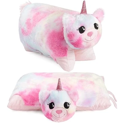 Afbeelding van BRUBAKER Knuffelkussen Eenhoorn 2 in 1 Pluche en 40 x 30 cm Knuffel Opvouwbaar Kinderkussen met Klittenbandsluiting Kussen Knuffeldier Kleurrijk
